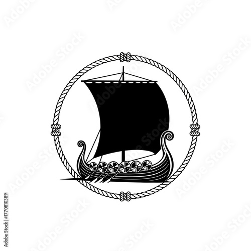 Monochrome Viking longship with warriors in a circular rope frame.