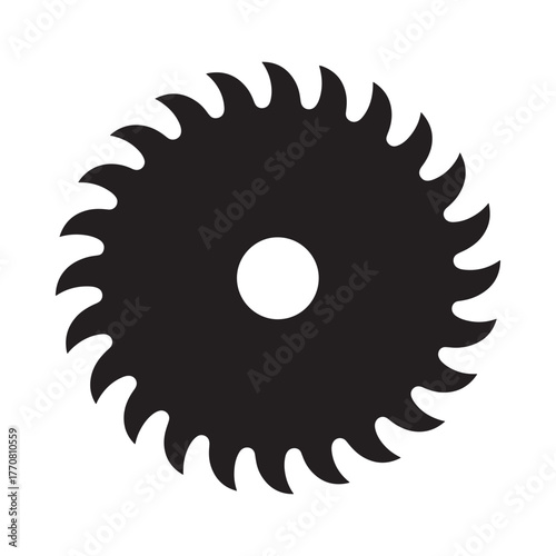 Sharp circular saw blade silhouette with jagged teeth isolated on white background
