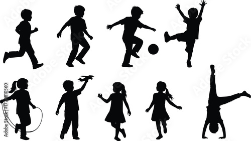 Silhouette of children playing, running, jumping, kicking ball, skipping rope, doing handstand, outdoor fun activity, happy kids in motion