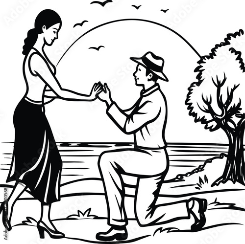 Man proposing to woman at sunset isolated on white background isolated on transparent background