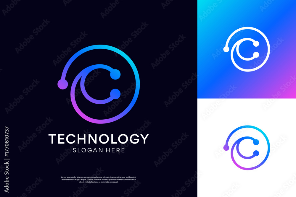 Obraz premium Minimal modern letter C tech logo design. Abstract circuit board logo inspiration.