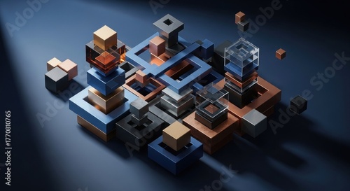 Abstract 3D render of metallic and glass geometric shapes in a complex arrangement