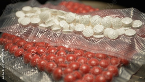Powder drugs pressed in pills shape and packaged in to vacuum bags for transportation. Stash of Oxy, Meth, Fentanyl or synthetic opioid drugs, seized by police or security, illegal drugs trafficking.