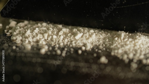 Drugs cocaine or oxy substances abuse and addiction. Hard illegal drugs. Preparing strips of white powder to blow. Drugs trafficking. Opioid crisis and opiates epidemic. Painkillers medications abuse.