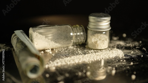 Closeup of a line of cocaine being snorted off. With a straw made of hundred US dollar bill. The oxycodone and amphetamines opioid epidemic and crises in America. Substance abuse and addiction.