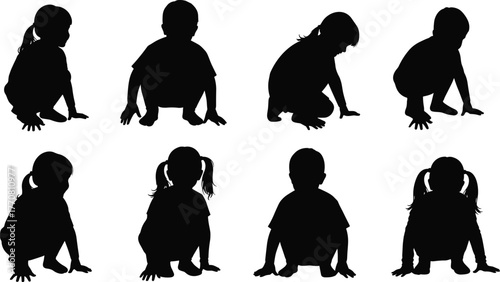 Silhouette of children sitting on ground, kids in relaxed poses, black vector illustration for design, education and activity concept