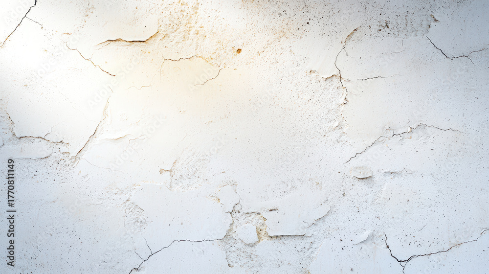 Fototapeta premium Cracked white wall texture with peeling paint and rough surface, creating minimalist and aged appearance