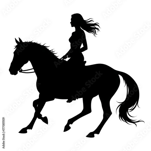 Black silhouette of a woman riding a horse