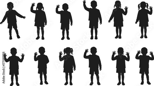 Silhouette collection of children waving hands, vector illustration of friendly kids in standing poses, isolated black design for artwork and posters