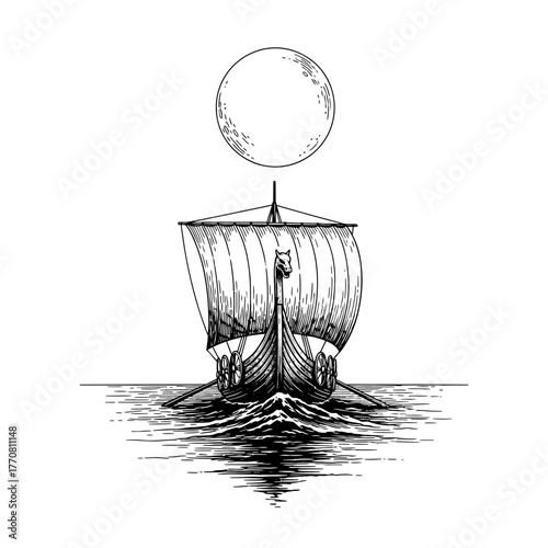 Monochrome Viking Ship Sailing Under a Full Moon.