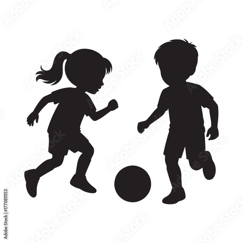 Silhouettes of two children playing soccer with a ball on a white background