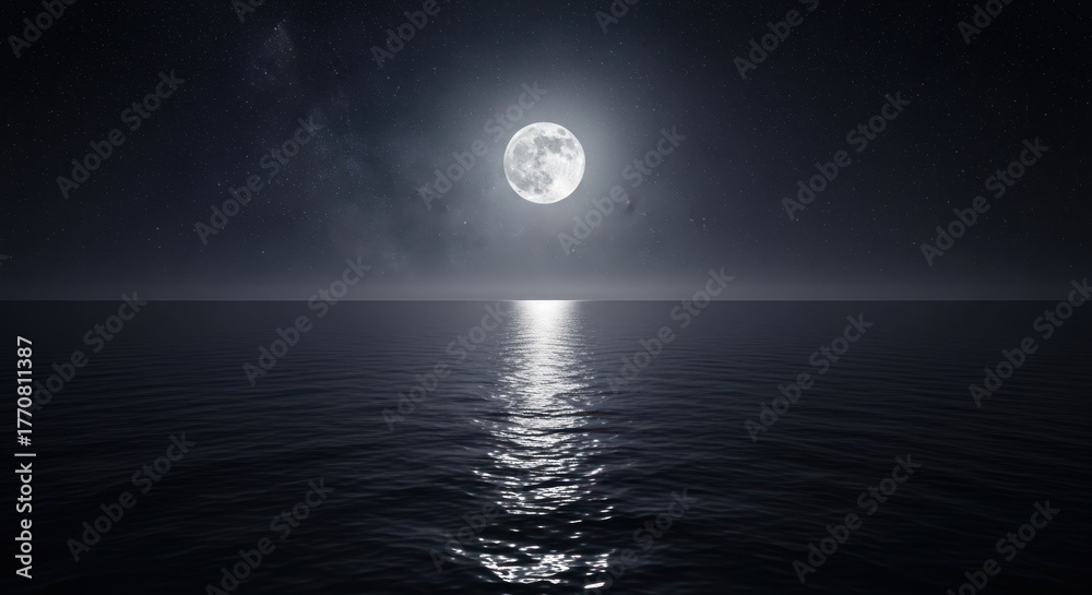 Obraz premium Bright full moon illuminates calm dark ocean, reflecting light under a vast starry night