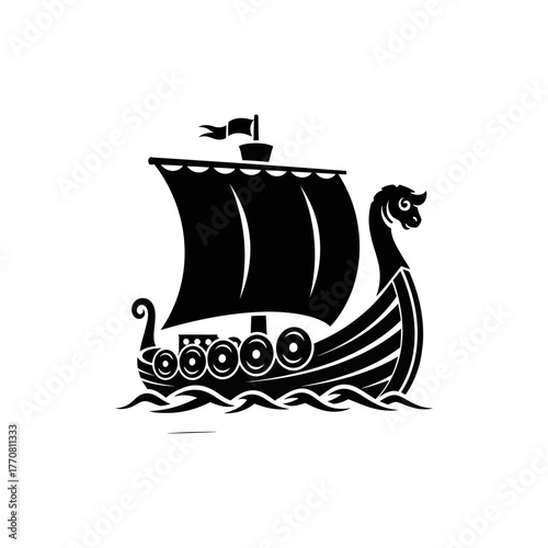 Stylized black silhouette of a Viking longship sailing on waves.