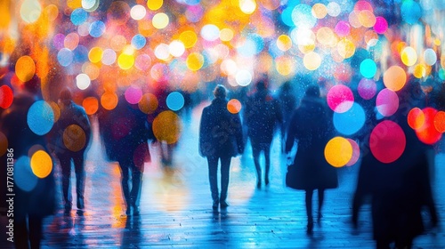 Blurred people walk on a wet city street, illuminated by vibrant, abstract bokeh lights