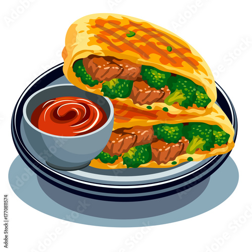 meat and broccoli in pita on a plate