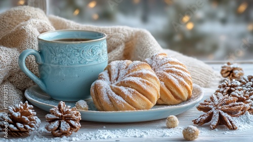 Cozy winter scene hot drink, sugared pastries, pinecones by snowy windowpane
