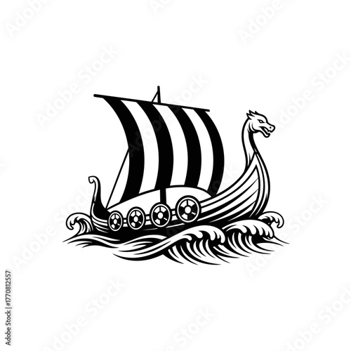 Viking Longship Illustration with Dragon Head and Striped Sail.
