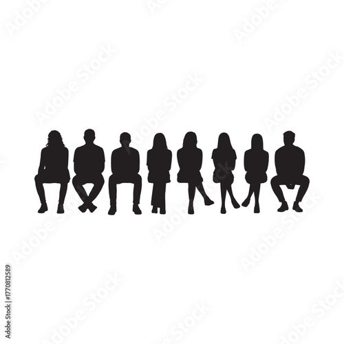 Diverse group of people silhouetted sitting in a row against a white background