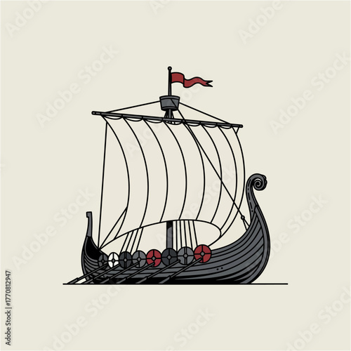 Viking Longship Illustration with Sails and Shields.