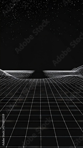 Retro Grid Landscape Under Starry Sky - A Synthwave Aesthetic.