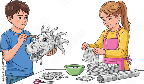 Creative kids making papier-mâché dragon mask, arts and crafts activity, teamwork, childhood creativity, DIY fun, school project, imagination, learning