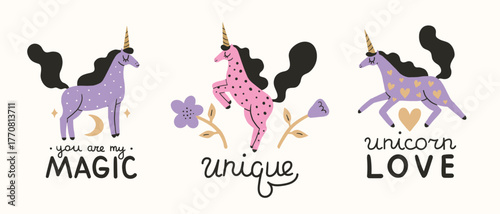 You are my magic. Unique. Unicorn love. Text hand drawn lettering quote and little horse with horn art, unicorns theme. Motivational quote typography set for print, postcard, mug, poster, t-shirt