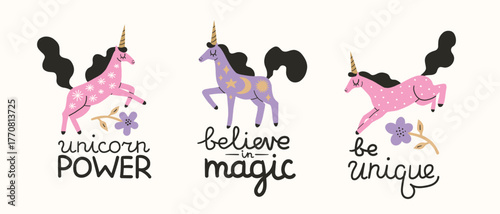 Unicorn power. Believe in magic. Be unique. Text hand drawn lettering quote and little horse with horn art, unicorns theme. Motivational quote typography set for print, postcard, mug, poster, t-shirt