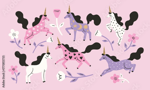 Cartoon beautiful unicorns, pink and violet pastel colors. Cute fairy tale horses with magic horn and flowers. Fantasy animal, magical princess stallion and glamour unicorn. Mythical horses set.