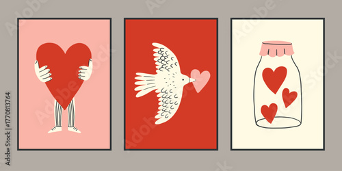 Valentine's day Greeting posters set, flat red and pink background. Cute simple and love sale banners or greeting cards templates and social media post. Heart, man with heart, dove concept.