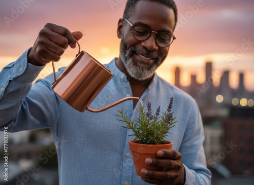 Medium shot of a happy mature man caring for his plants. He holds a copper watering can, promoting mindfulness, self-care, and an active retirement lifestyle.