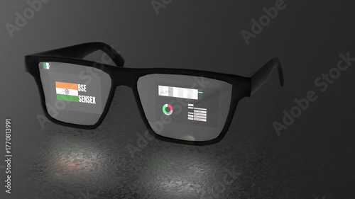 Augmented reality smart glasses showing India’s BSE Sensex live chart, blending technology and finance for a modern stock market visualization experience.