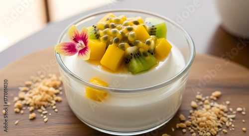 A bowl of silky panna cotta topped with fresh mango, kiwi, passion fruit, and a decorative edible flower, surrounded by crushed nuts, offering a refreshing and vibrant tropical dessert experience.

