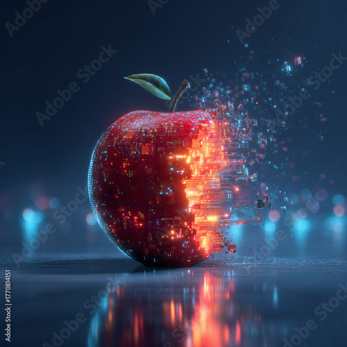 Futuristic neon apple dissolving into digital pixels