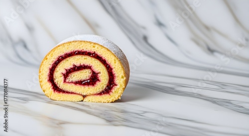 A classic Swiss roll cake slice with a golden sponge and vibrant red jam swirl, dusted with powdered sugar, elegantly displayed on a marble surface for a delicious and nostalgic dessert presentation.
