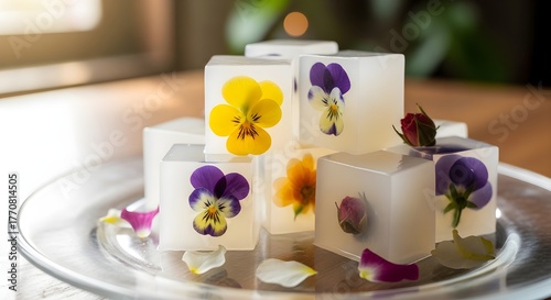 A plate of elegant, transparent jelly cubes each encasing edible flowers, artfully arranged with flower petals for a visually stunning and delicate dessert perfect for special occasions.

