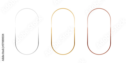 Gold, silver and bronze oval frames. Vertical thin metal ellipse photo or picture frames isolated on transparent background. Simple object mockup. 3d abstract empty template vector illustration set.