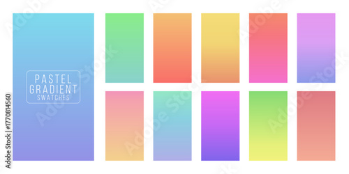 Pastel gradient swatches set. Soft color transitions in pink, peach, blue, green, and lavender tones. Collection of smooth vertical gradients for design, UI, or background. Vector illustration.