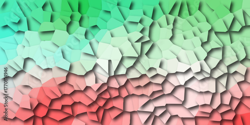 Colorful abstract mosaic with extruded polygons in a vibrant gradient of red, white, green, and light blue, casting soft shadows for a textured backdrop