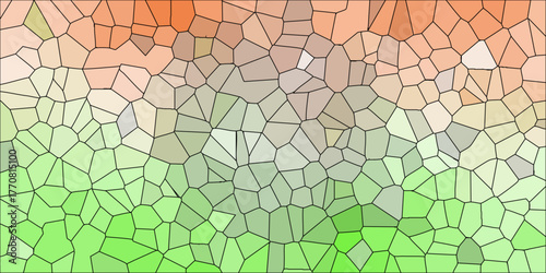 Vibrant green and orange abstract geometric mosaic pattern with irregular polygons and a clean white outline, suitable for playful designs