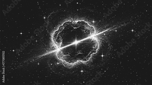 Massive supernova explosion captured in delicate stippling style. Countless tiny dots form the expanding shell of dying star in endless universe. Starburst nebula. Dotwork. Pointillism. Dots shading