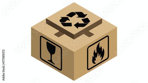 Brown cardboard box with shipping symbols fragile flammable