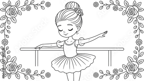 A young ballerina practices her dance moves at a ballet barre.