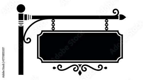 A black silhouette of an empty vintage hanging sign on a white background.