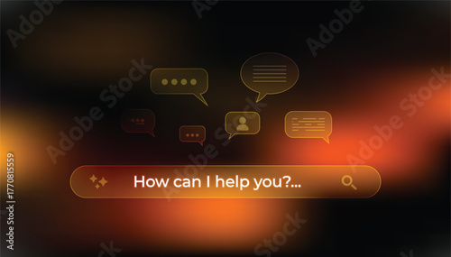 UI UX Design Glassmorphism Virtual Assistant Bar for Customer Service, with digital and technological icons. Futuristic Intelligent Search Automation, Business Support, Futuristic AI. Orange color