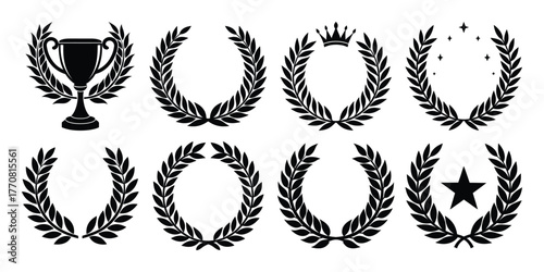 Collection of laurel wreath and trophy silhouettes representing achievement and victory