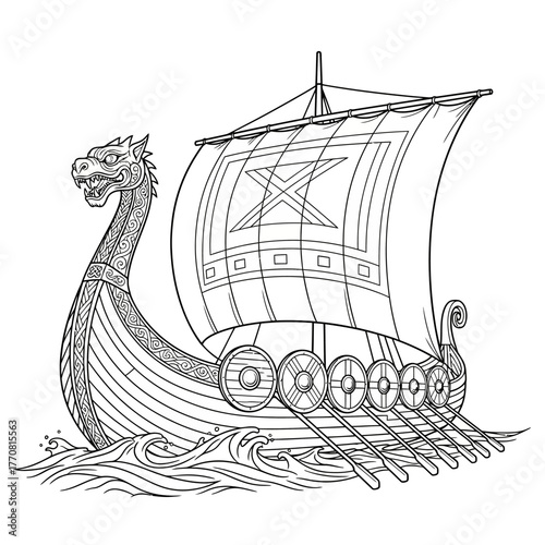 Viking longship sailing on the sea with dragon head and shields.