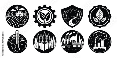 Collection of environmental icons featuring nature and industry in silhouette style