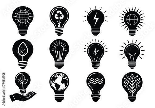 Collection of diverse eco friendly light bulb silhouettes representing innovation and sustainability silhouette