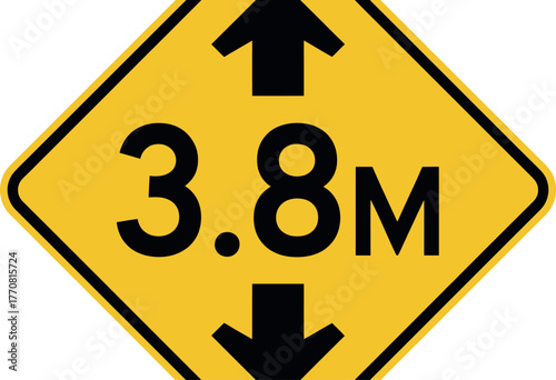 A yellow diamond-shaped traffic sign displays the number 3.8 meters with upward and downward arrows.