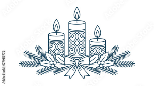 Three lit candles with evergreen branches and a bow for Christmas.